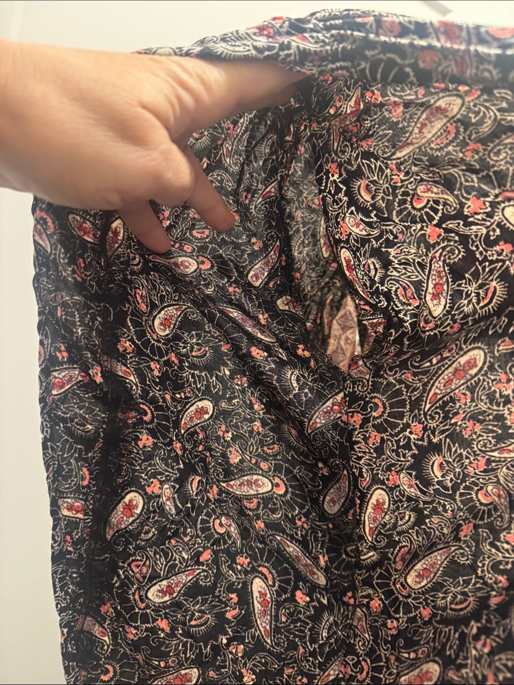 Angie Black Paisley Small V-Neck Romper with Cream & Red Trim and Cinched Waist - Picture 4 of 6